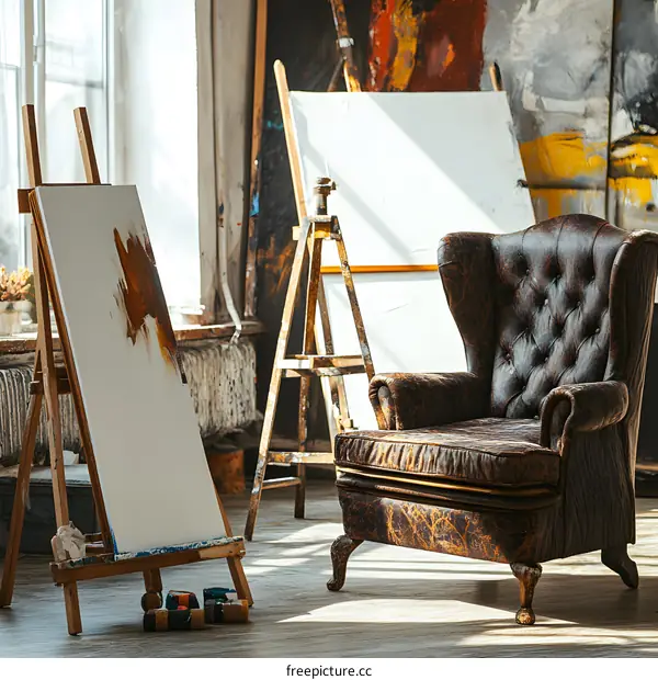 Artist Studio with Easel and Leather Armchair