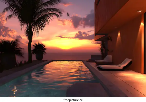 Modern Sunset Pool and Palm Tree