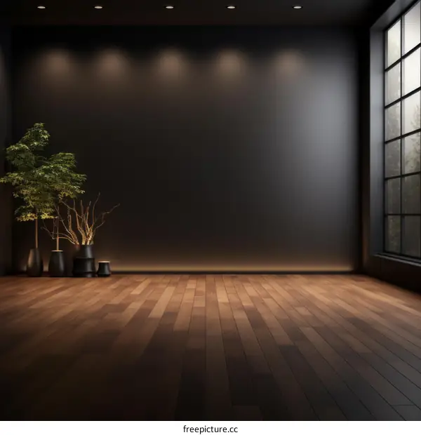 Empty Room with Wood Floor and Large Windows 3D Rendering