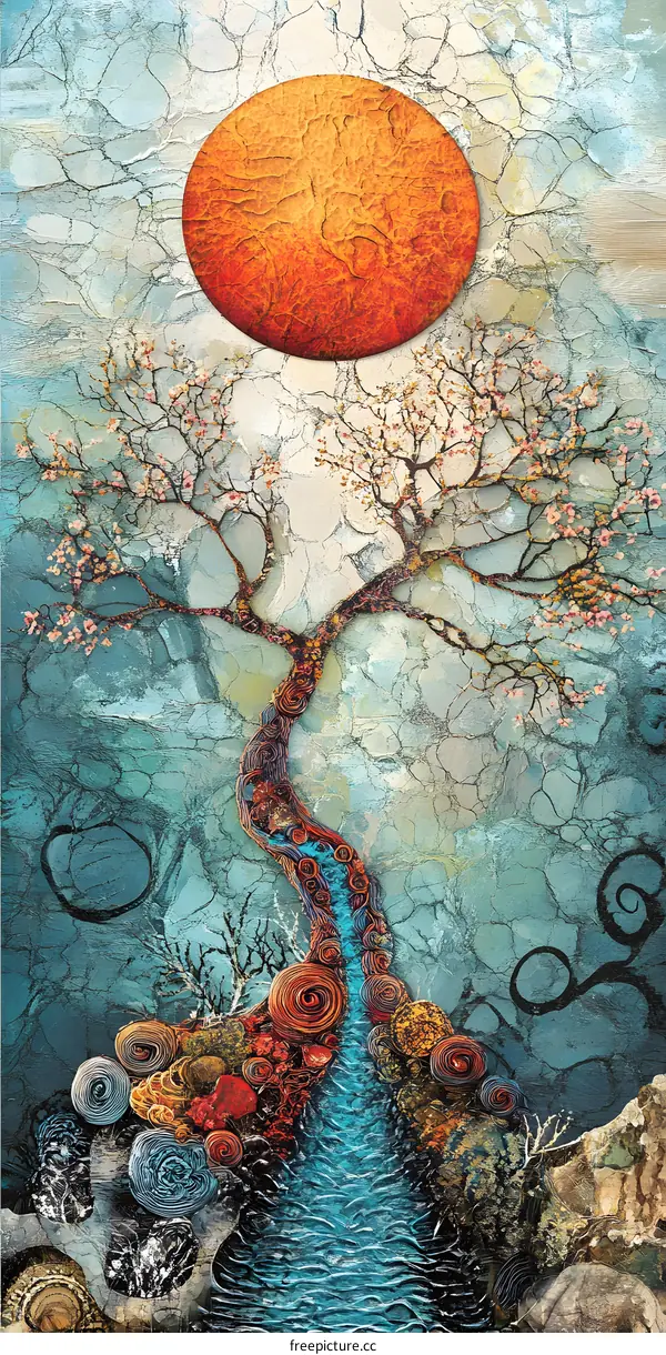 Abstract Art Tree with Flowers and Water