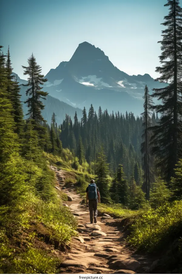 Man hiking in the mountains on a sunny day