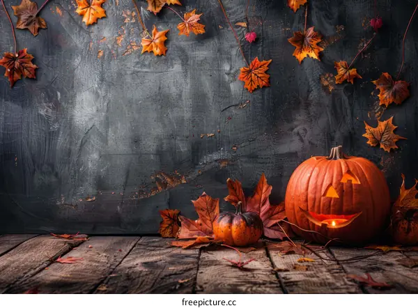 Halloween pumpkin jack o lantern with fall leaves on wooden table