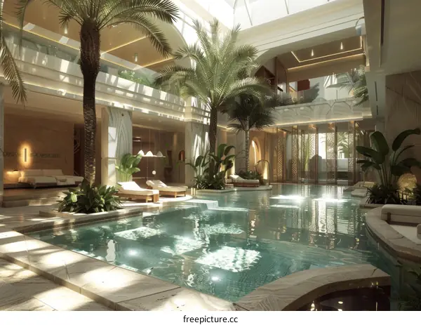 Indoor swimming pool with palm trees and sun loungers