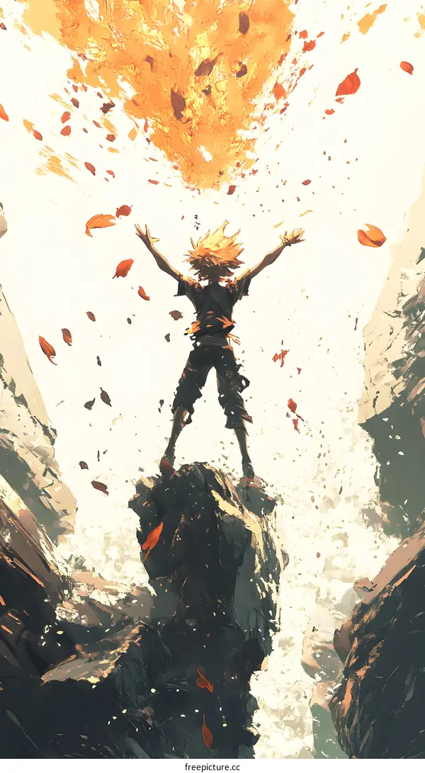 Man Standing on a Cliff with Falling Leaves