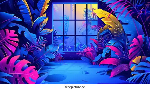Neon Tropical Leaves Window Background