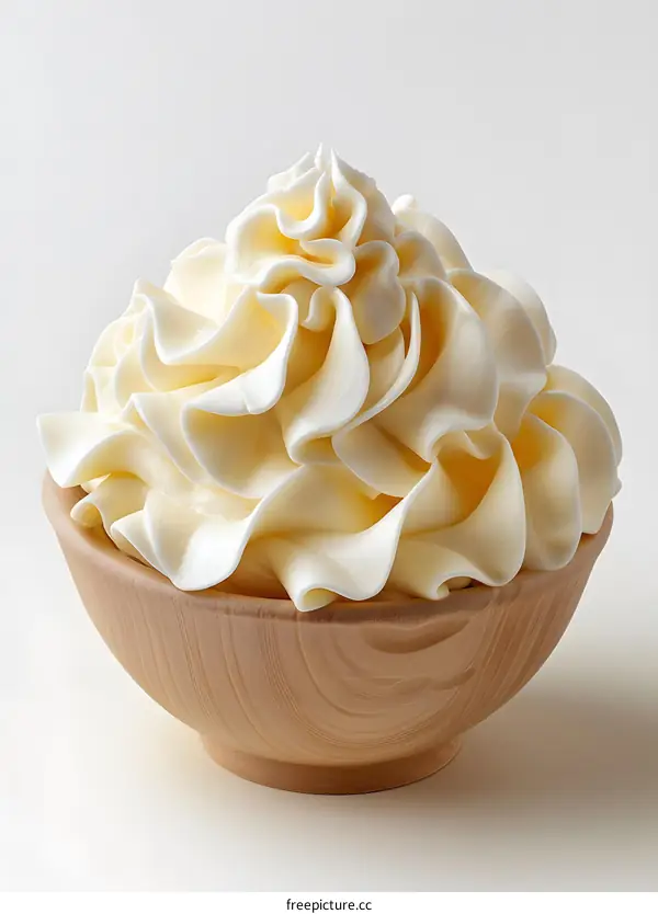 Whipped cream in wooden bowl