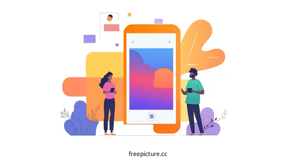 Two People Looking at a Large Smartphone With a Colorful Sunset