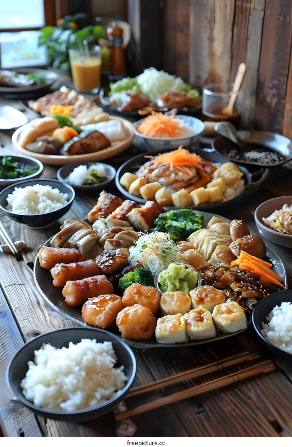 Delicious Asian Food Dishes on a Wooden Table