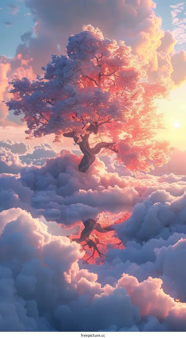 Fantasy Landscape with a Lonely Tree Rising Above the Clouds