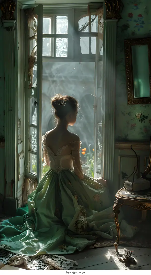 A woman in a green dress is sitting on the floor in front of a door.
