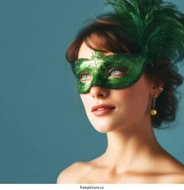 Beautiful Woman Wearing Green Carnival Mask