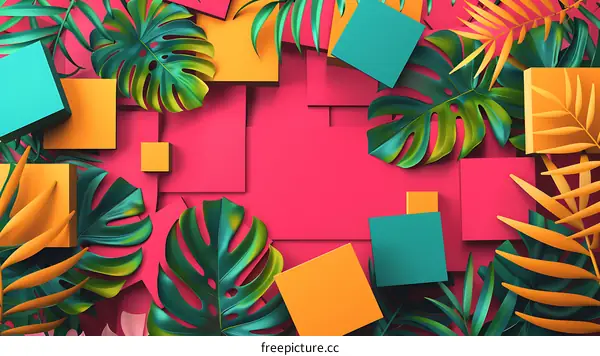 Tropical Leaves and Colorful Geometric Shapes Background