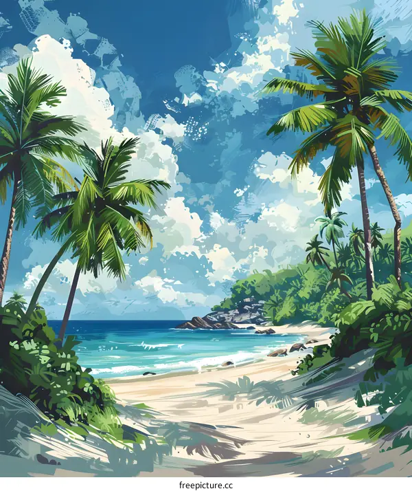 Tropical Beach Scene With Palm Trees and Blue Sky