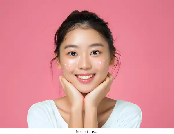 Smiling Asian Woman with Cream on Face