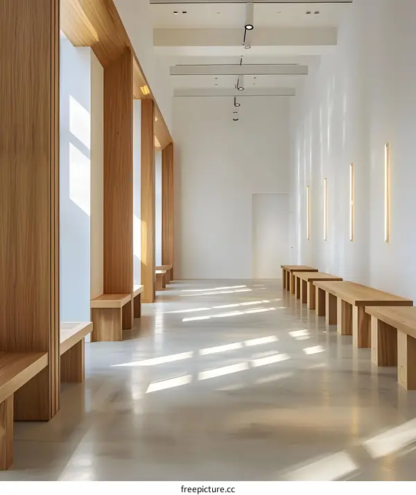 Minimalist White Interior Design With Wooden Benches and Natural Light