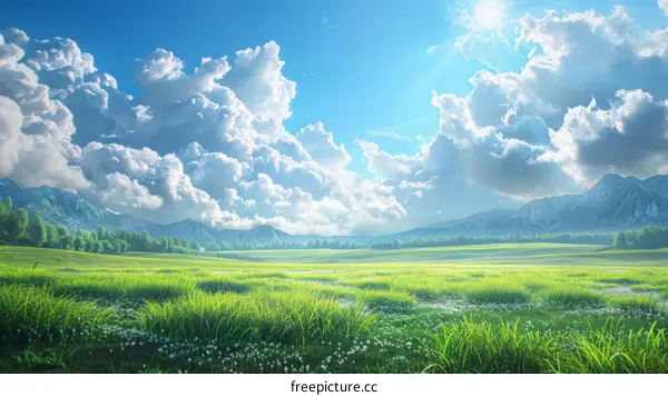 Vast Green Grassland Landscape with White Clouds