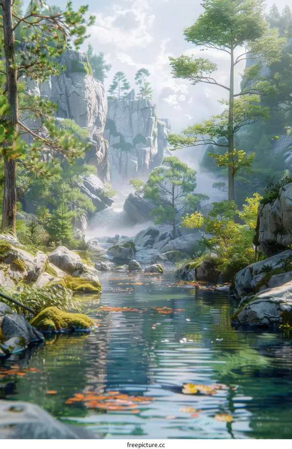 Misty and Serene Landscape with a Flowing River