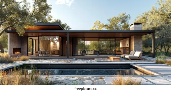 Modern Luxury Home Exterior with Pool and Trees