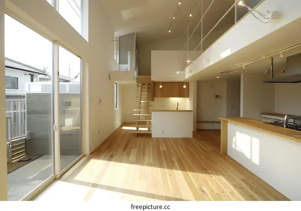 Modern Minimalist Kitchen and Living Room Interior Design With Wooden Floor