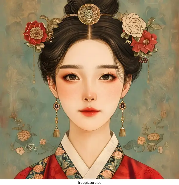Portrait of a Beautiful Korean Woman in Traditional Hanbok