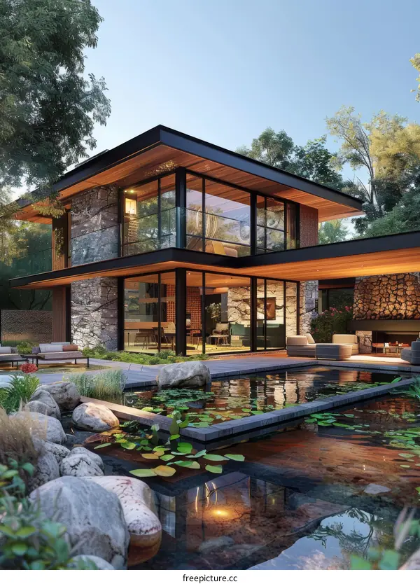 Modern House Exterior Design with Pool and Stone