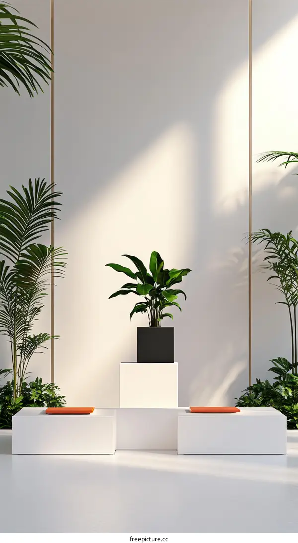 Modern Minimalist White Display Platform with Plants