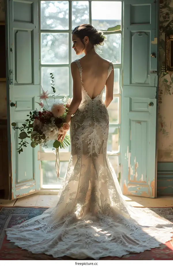 A bride in a lace wedding dress is holding a bouquet of flowers and standing in front of a door