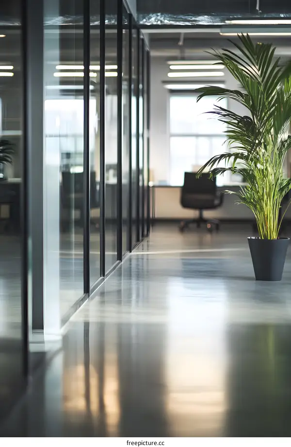 Modern Office Interior with Glass Walls and a Plant