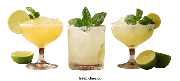 [Transparent Background PNG]Three Refreshing Margarita Cocktails with Lime and Mint