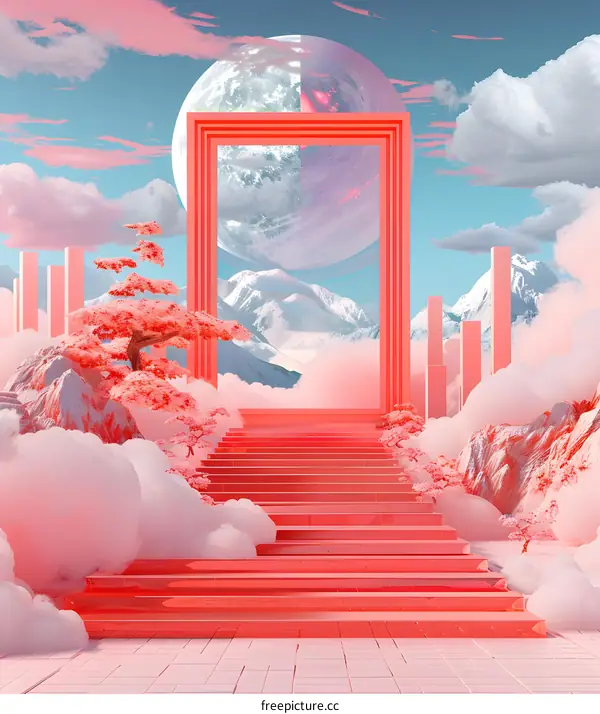 Pink Sky Abstract Dreamy Surreal Stairway and Clouds