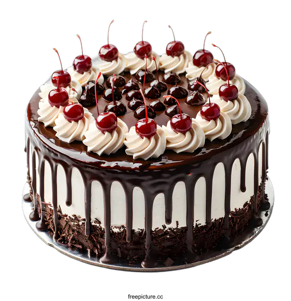 [Transparent Background PNG]Chocolate cake decorated with cherries and whipped cream