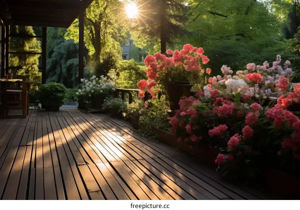 Wooden Porch Adorned with Pink and White Blooms