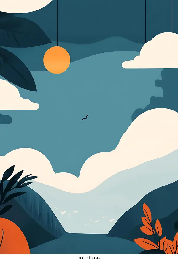 Abstract Landscape Illustration With Sun, Clouds, and Birds