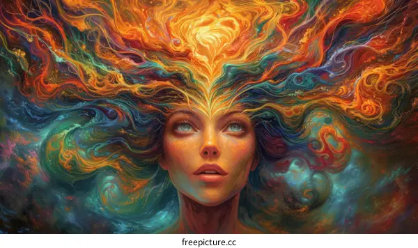 Colorful portrait of a woman with long flowing hair