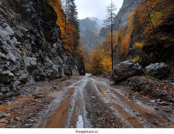 Rocky valley with autumn trees and a road