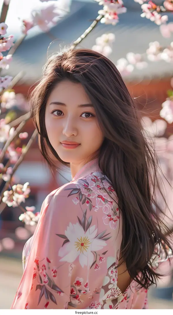 Young Asian Woman In Floral Dress Posing Against Cherry Blossoms
