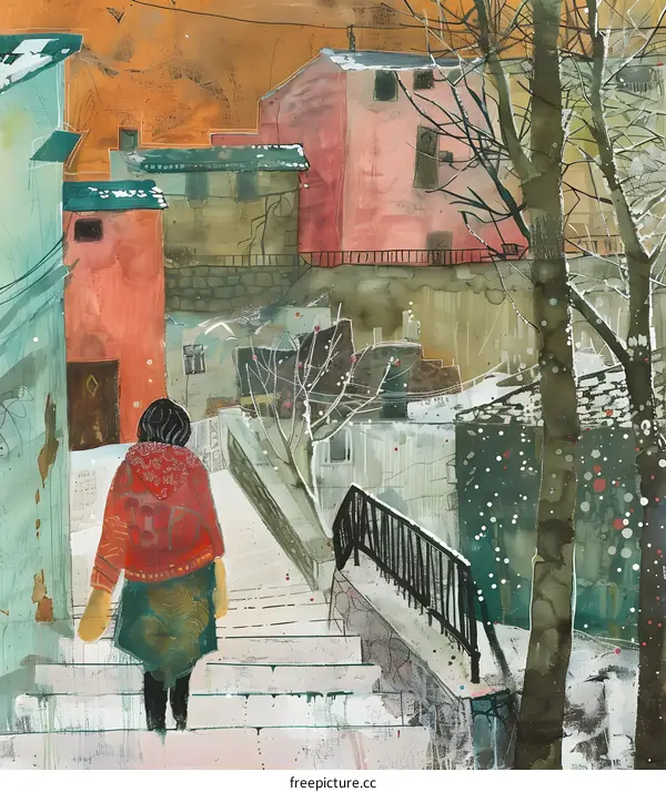 Woman Walking Up Stairs in a Snowy Village