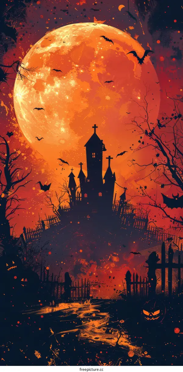 Halloween night spooky haunted house with bats and pumpkins