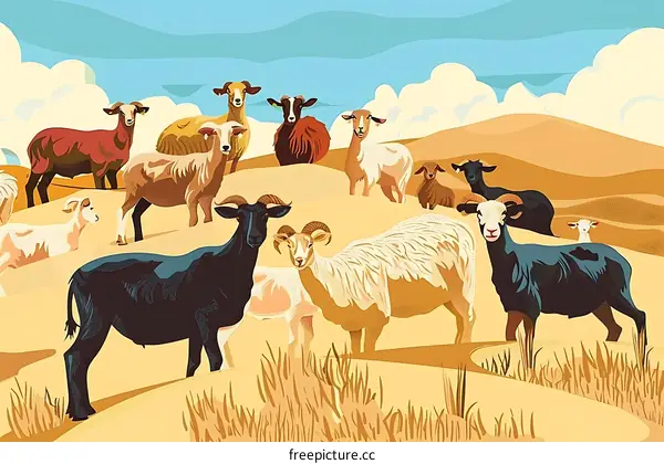 A Group of Goats and Sheep in a Field