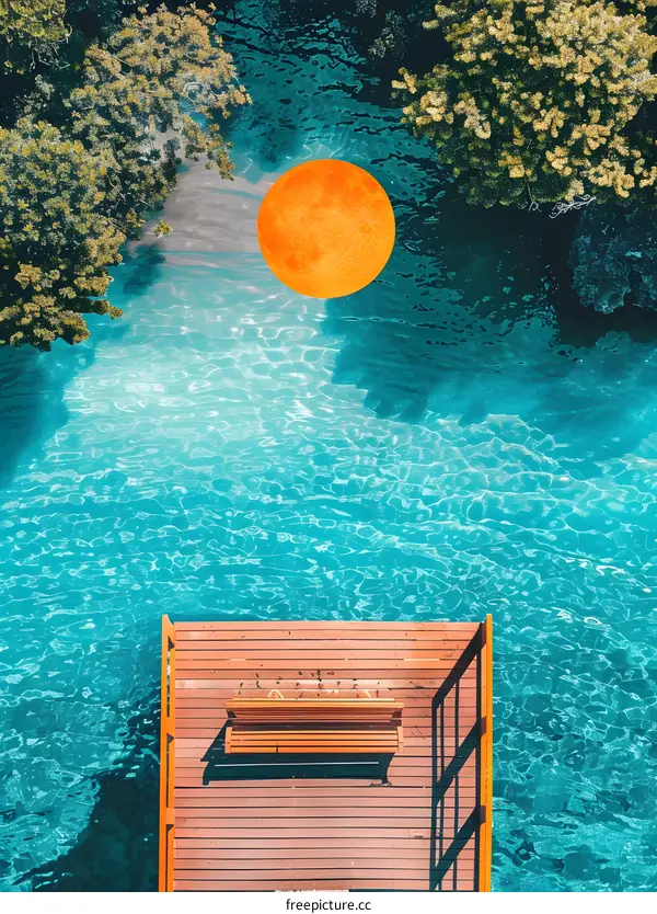 Top View of a Wooden Deck with a Bench Over a Blue Water