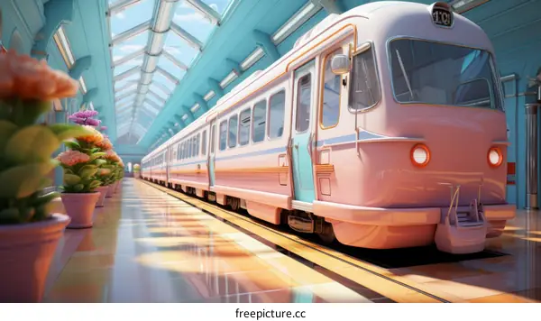A pink and blue train sits in a station with large glass windows and potted plants
