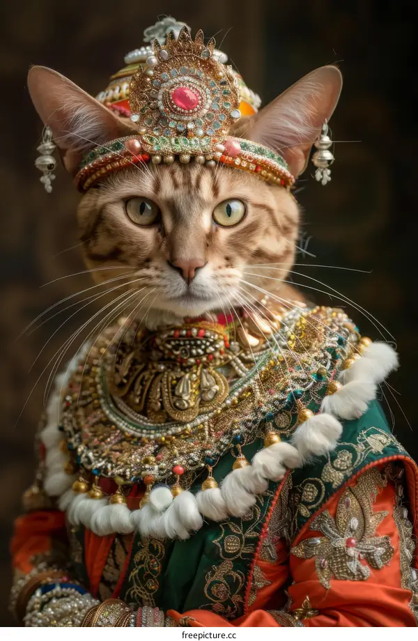 A cat wearing a golden crown and necklace with colorful gemstones