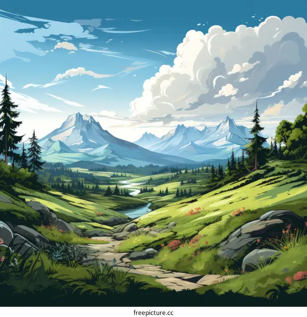 fantasy landscape with mountains, river and forest