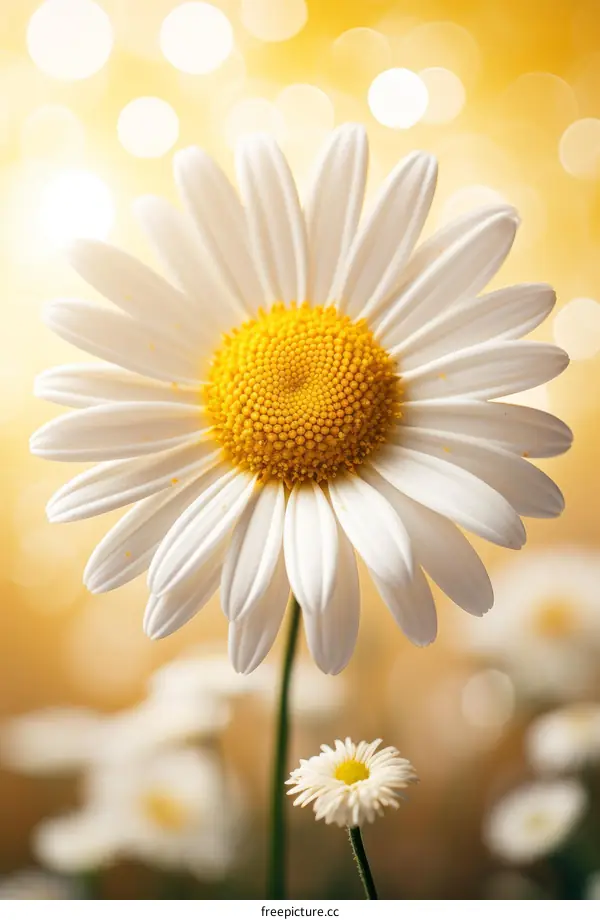 Close-up of a white daisy flower with a yellow center and white petals with a blurred background of yellow and white lights