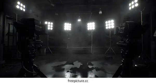 Empty Television Studio Stage with Camera Equipment and Lights