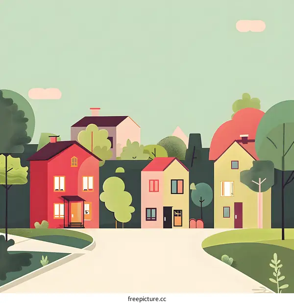 Colorful Houses in a Green Suburban Neighborhood