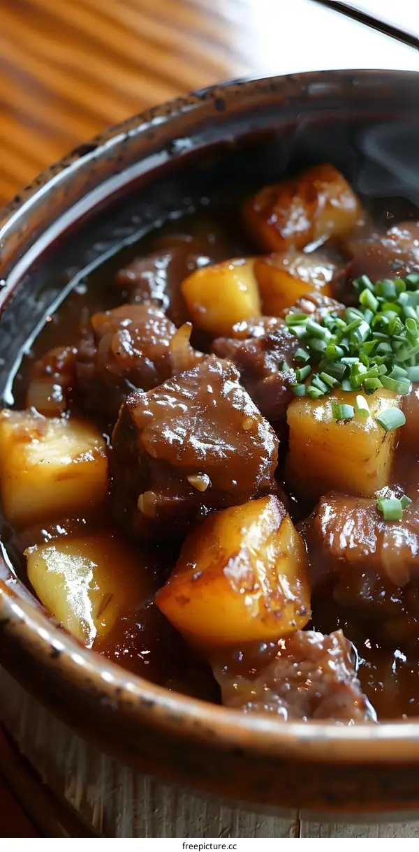 Close Up of Beef Stew with Potatoes and Green Onions in a Clay Pot