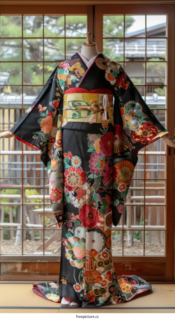 A kimono with a floral pattern and a colorful obi sash