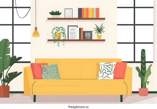 Yellow Sofa with Pillows in Living Room Interior Design