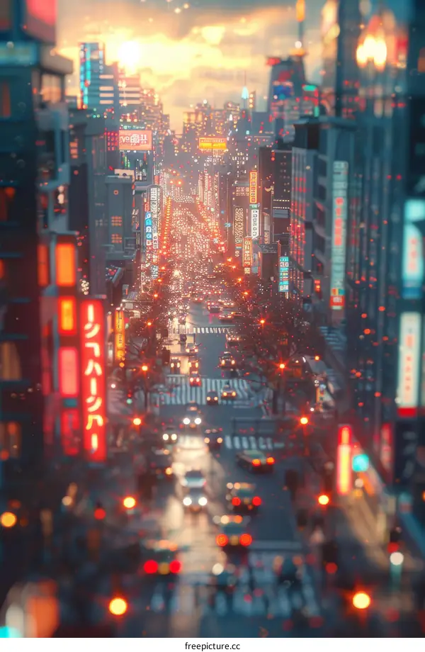 Neon Cityscape at Dusk with People
